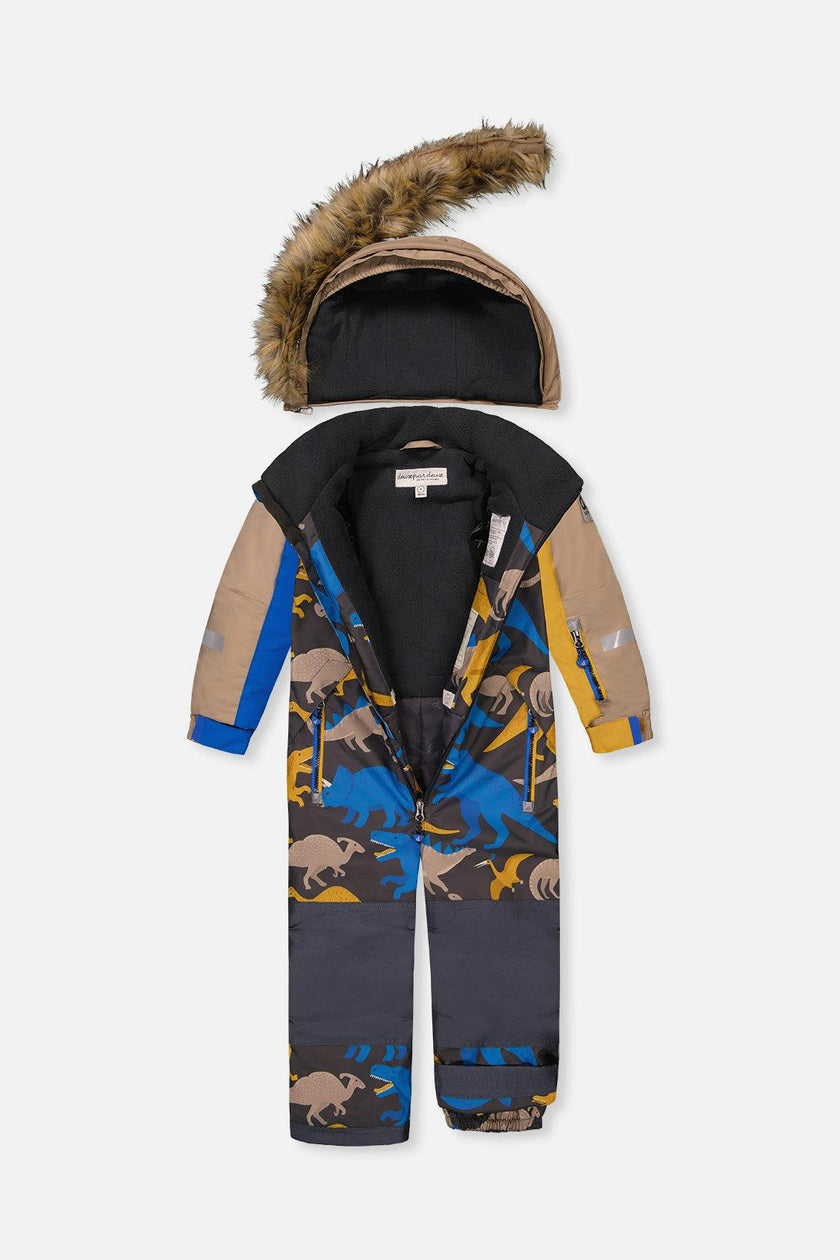 Kids One Piece Play Snowsuit Grey And Blue Dinosaur Print