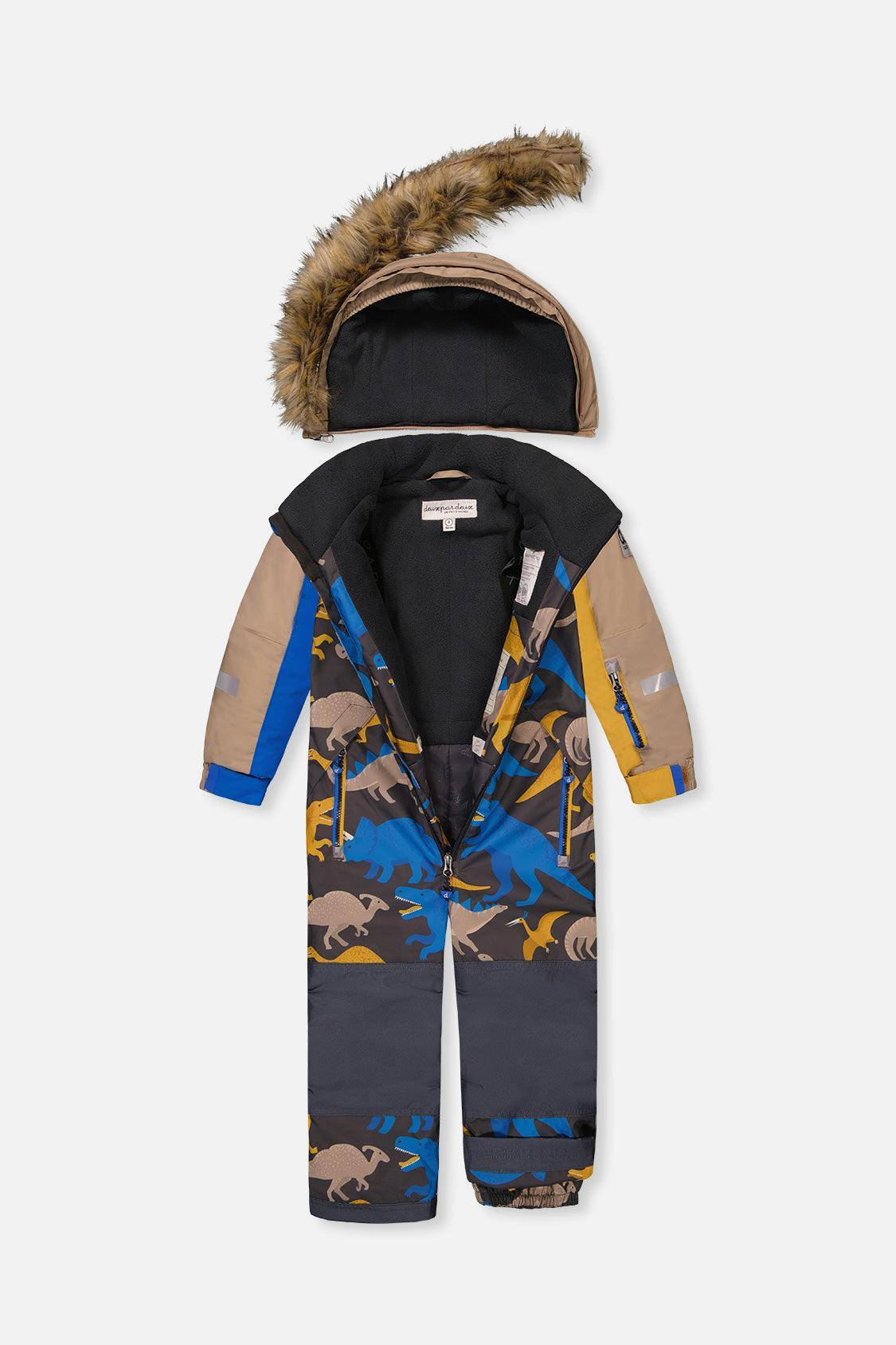 Kids One Piece Play Snowsuit Grey And Blue Dinosaur Print