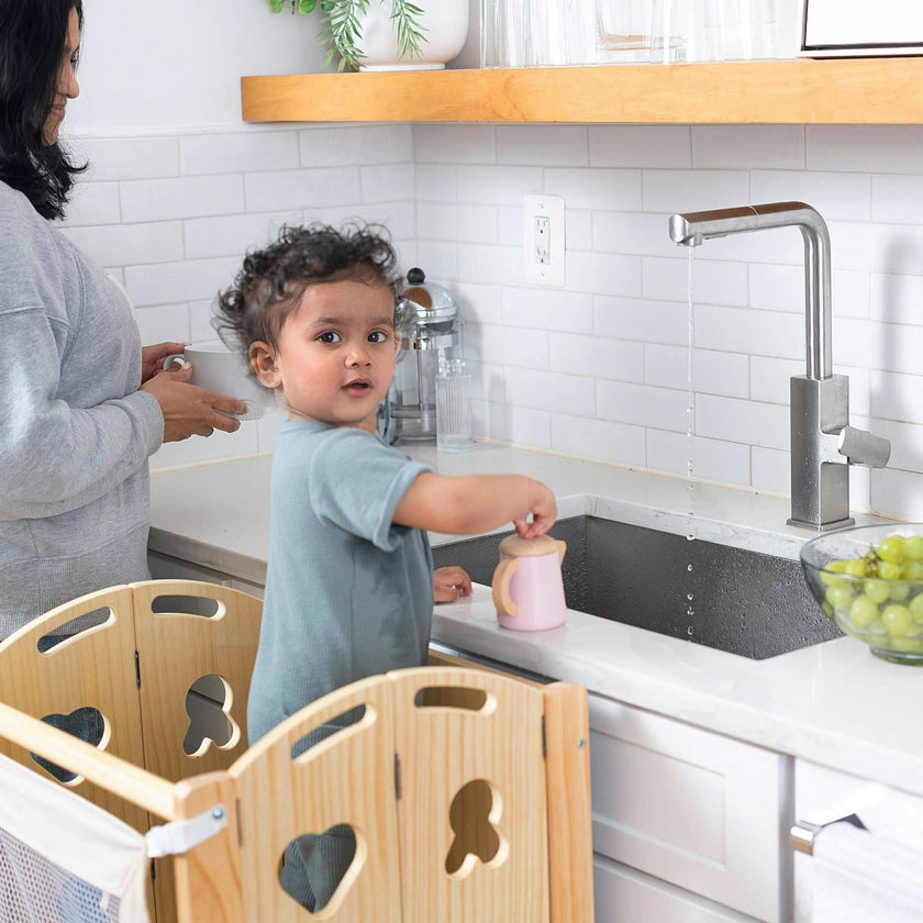 Laurel 4-in-1 Foldable Kitchen Tower, Step Stool, Slide & Chalkboard for Toddlers
