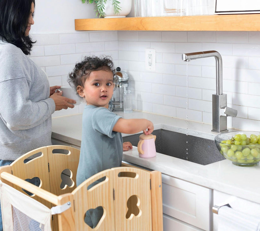 Laurel 4-in-1 Foldable Kitchen Tower, Step Stool, Slide & Chalkboard for Toddlers