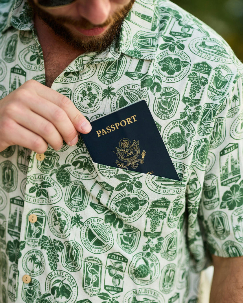 The Passport to Paradise - Men's Linen Passport Stamp Hawaiian Shirt