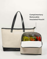 Vegan Leather Work Tote Bag with Removable Insulated Pouch, Black Canvas