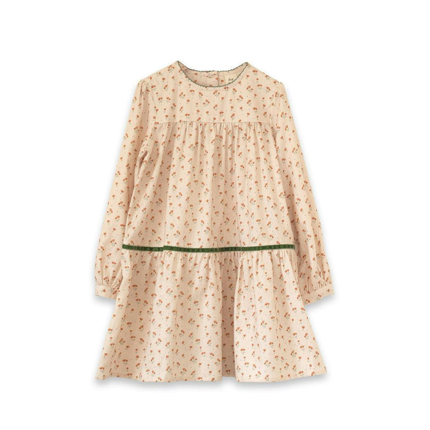 Piper Tiered Dress with Velvet Trim | Beige Petals