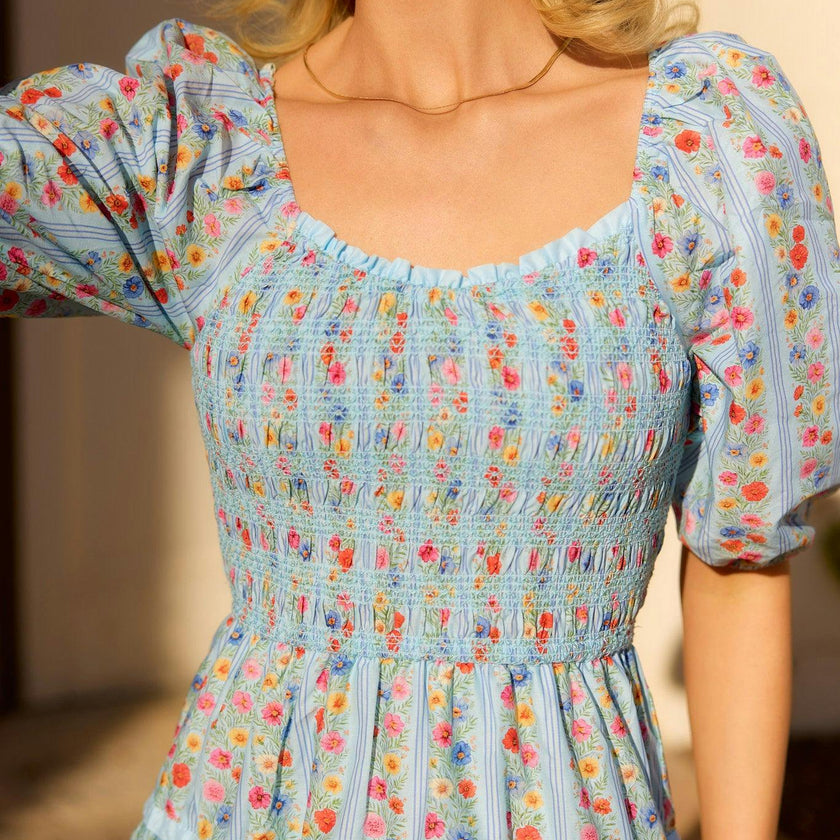 Roselyn Dress in Blue Linear Floral Print