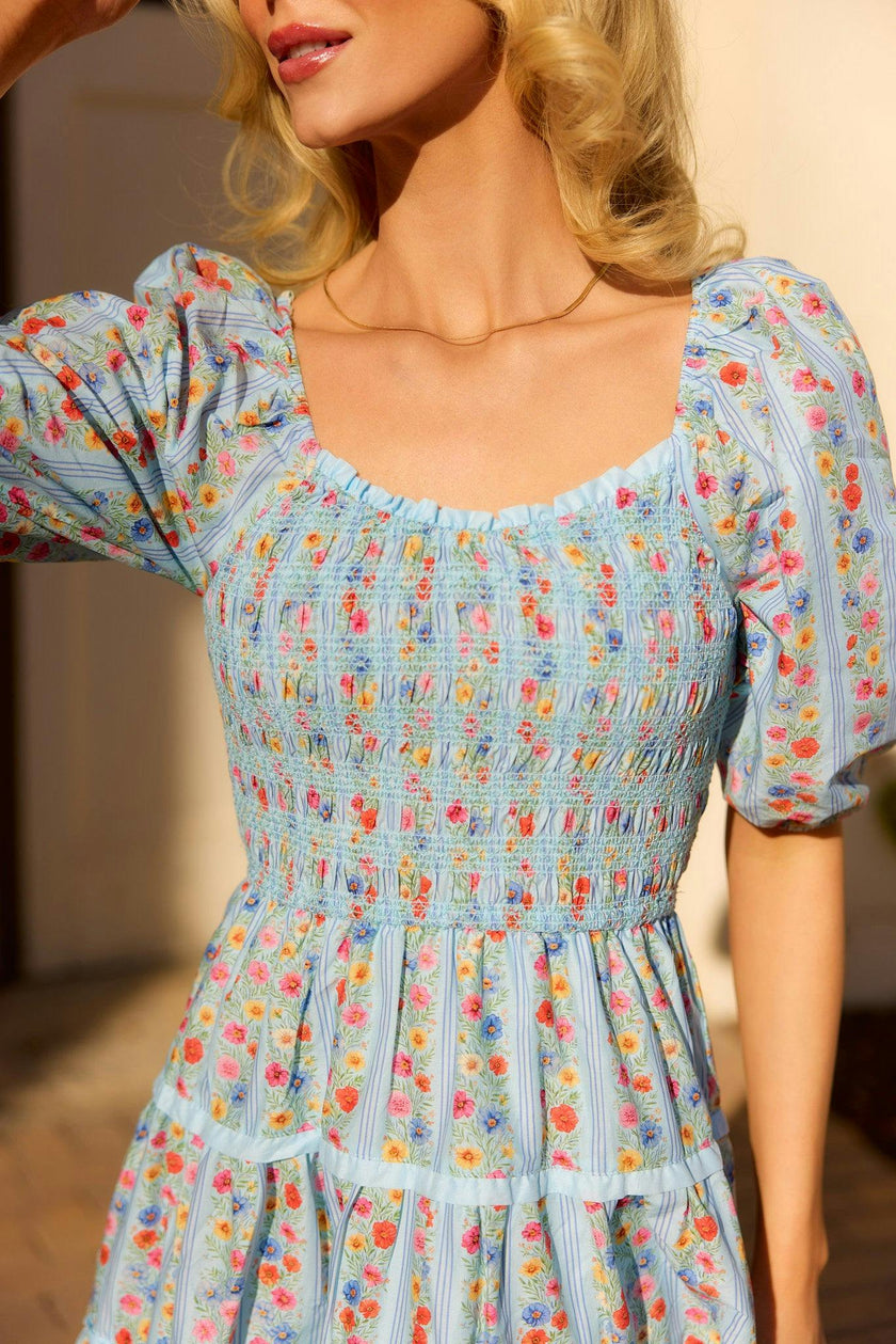 Roselyn Dress in Blue Linear Floral Print