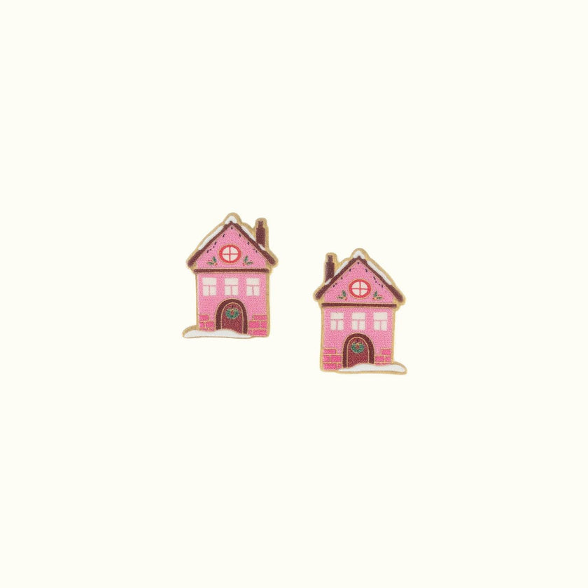 Pink Holiday Village House Stud Earrings