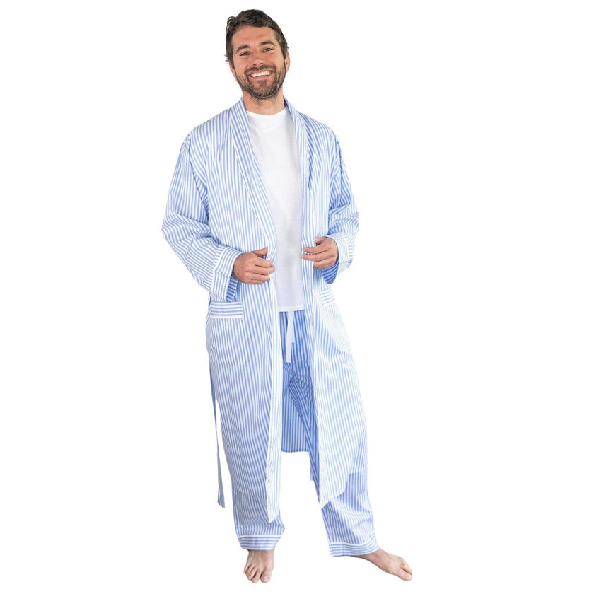 Men's Braddock Classic Robe - Blue Stripe Organic Cotton Poplin