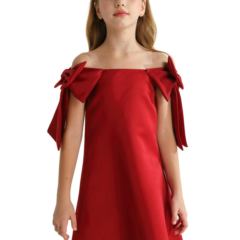 Red Luneta Off Shoulder Bow Dress