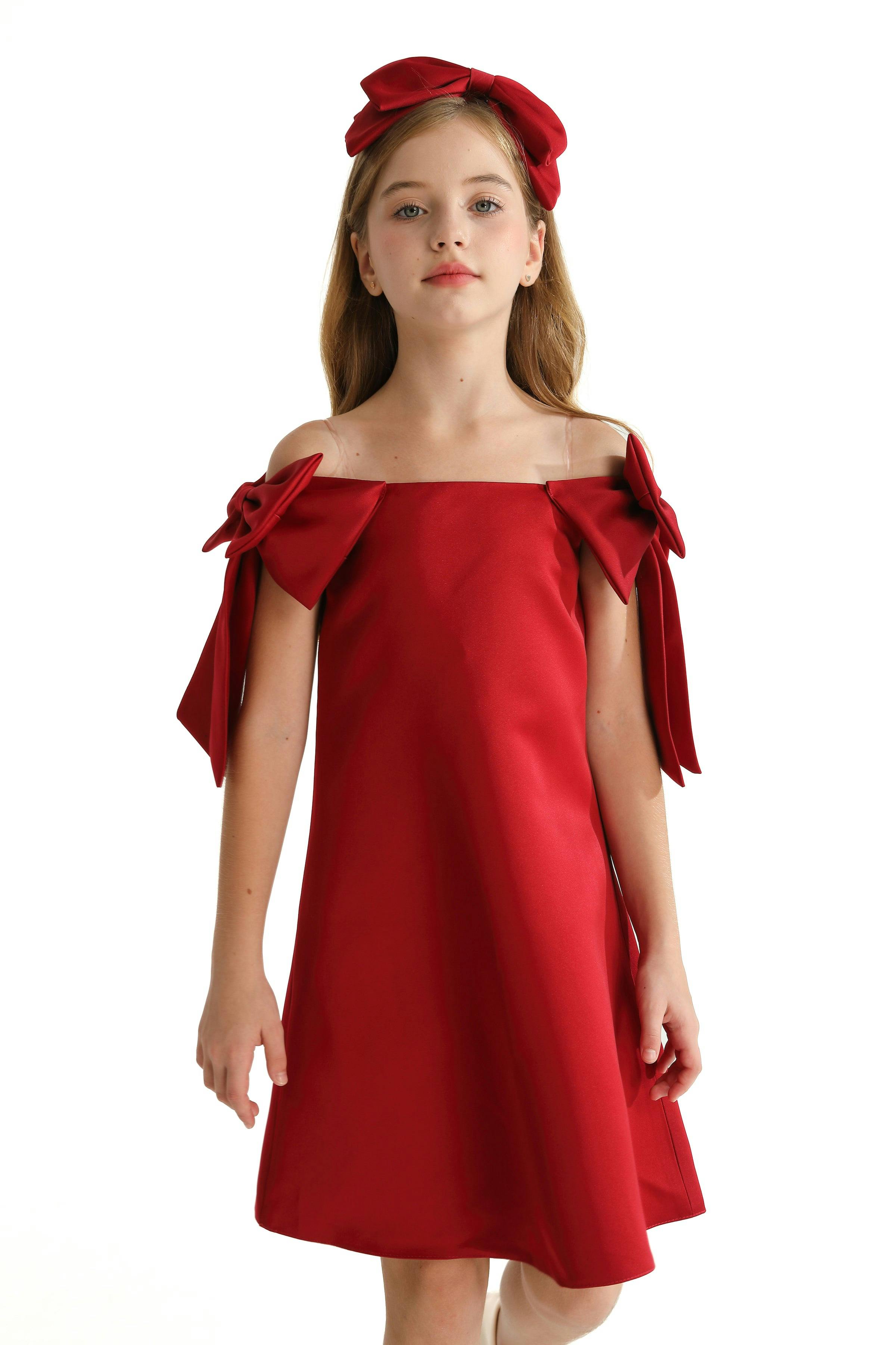 Red Luneta Off Shoulder Bow Dress