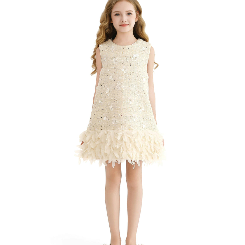 Cream Sequin Feather-Hem Dress