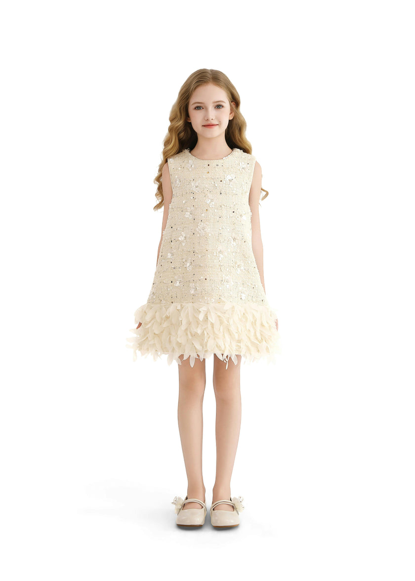 Cream Sequin Feather-Hem Dress