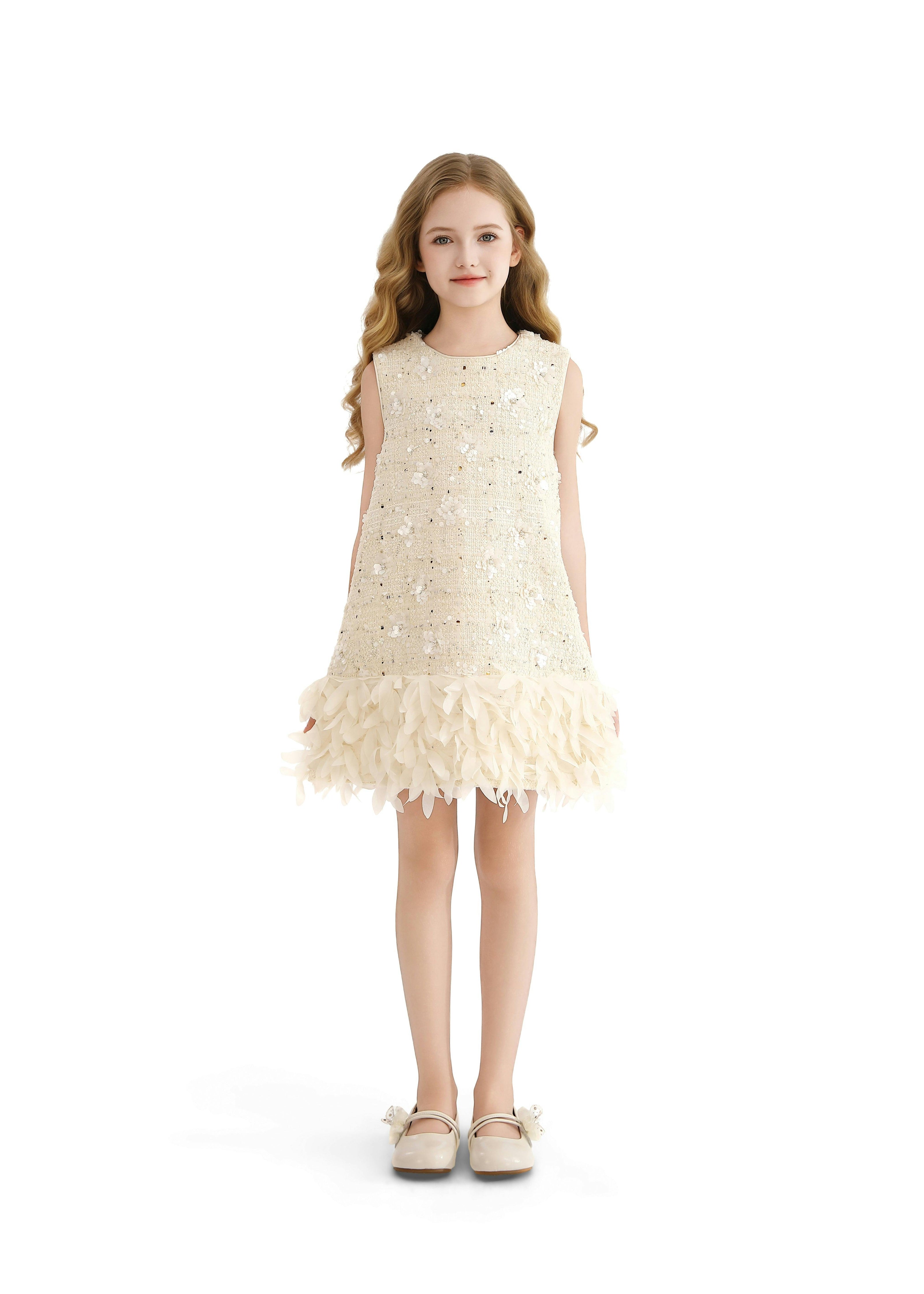 Cream Sequin Feather-Hem Dress