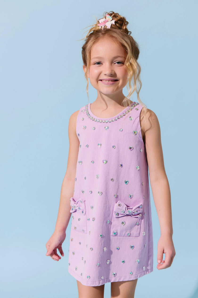 Lavender Crystal Heart Denim Bow Dress
