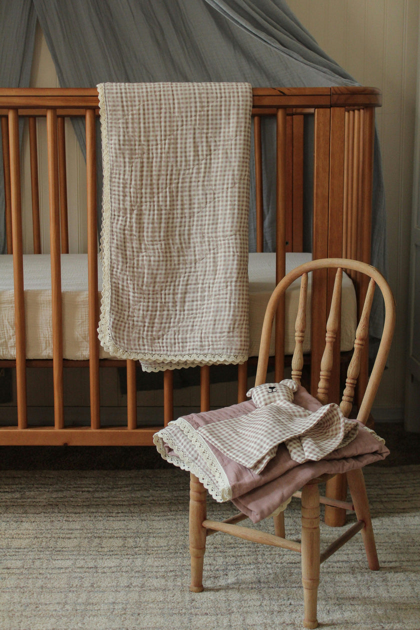 Mauve Solids + Gingham QUILTED 6 Layer Gauze Blanket