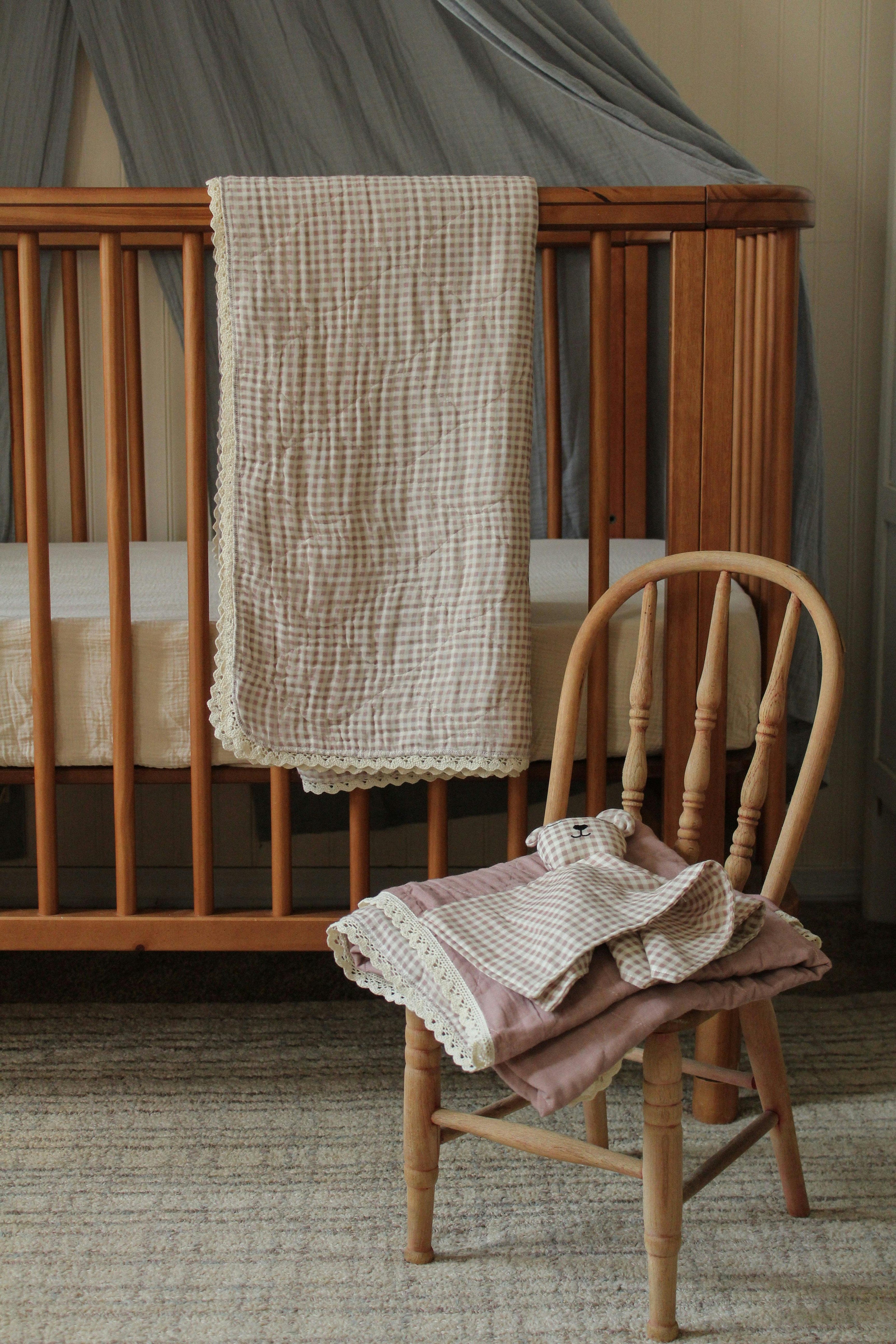 Mauve Solids + Gingham QUILTED 6 Layer Gauze Blanket