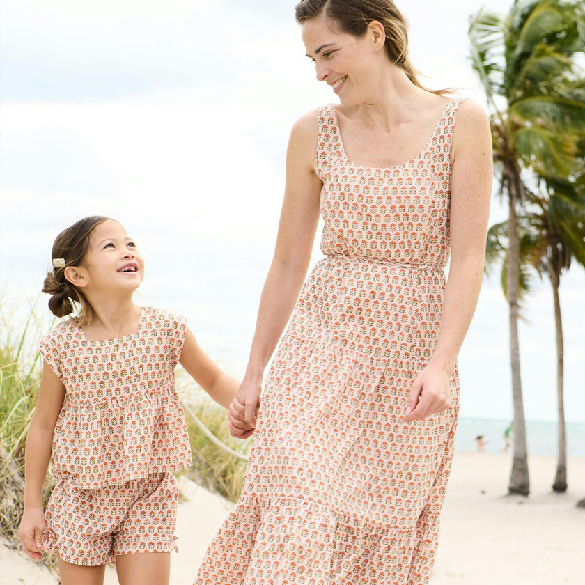 Girls Kamari Top - Pink Prairie Block Print