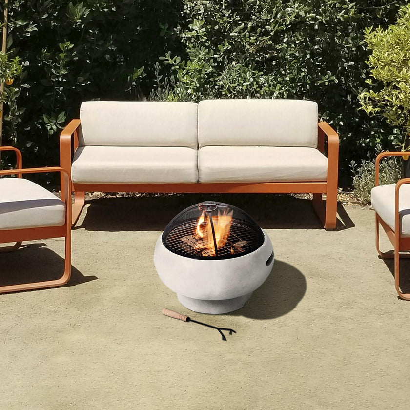 21" Outdoor Round Stone Wood Burning Fire Pit with Faux Concrete Base