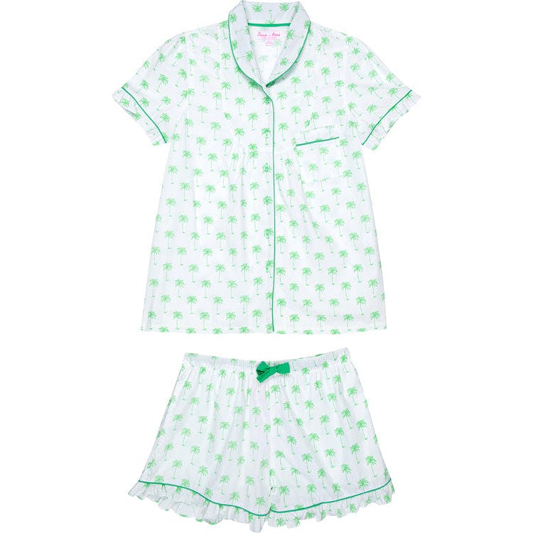 Women's Green Palm Tree Short PJ Set - Organic Cotton Poplin