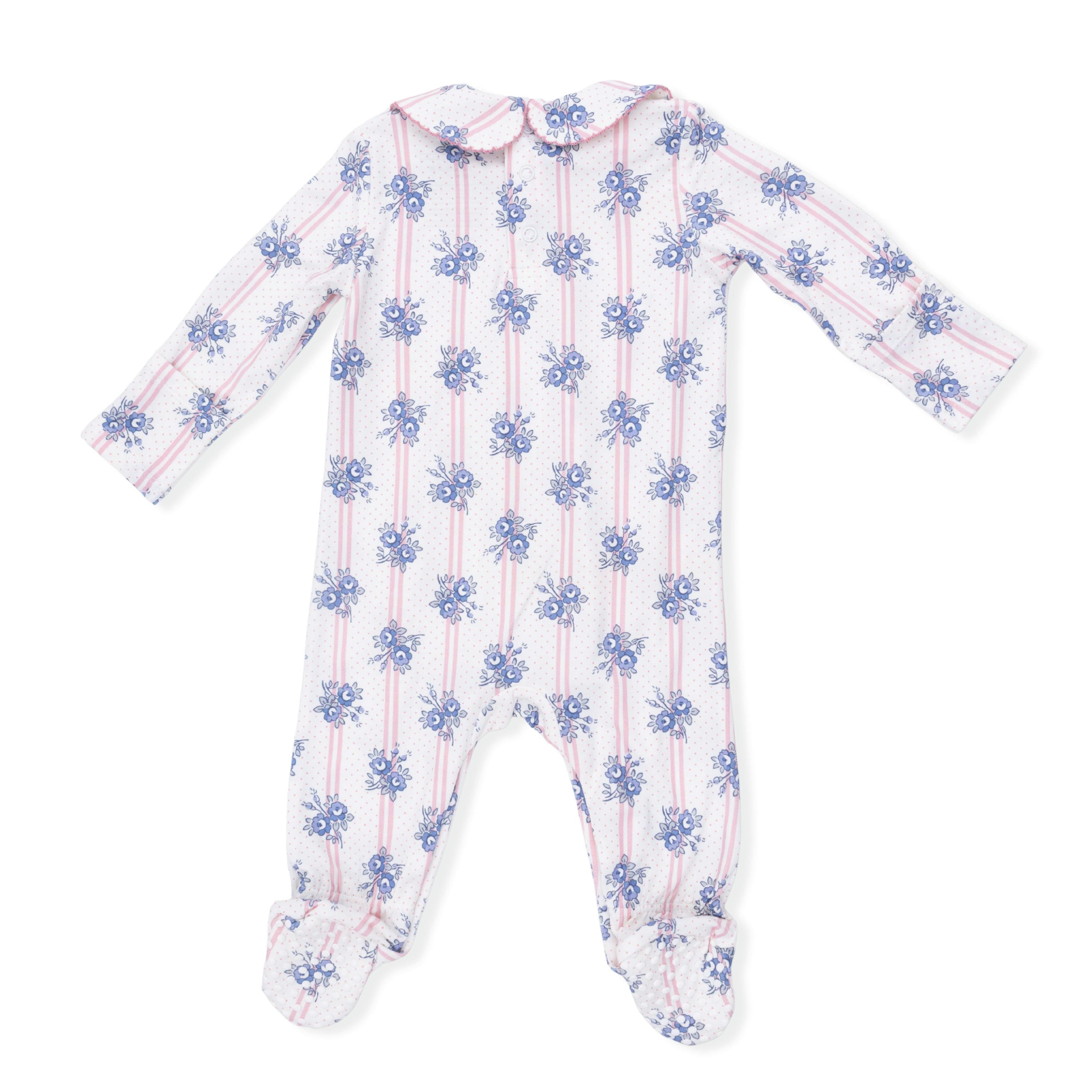 Stripe Dot Roses - Smocked Peter Pan Snap Footie