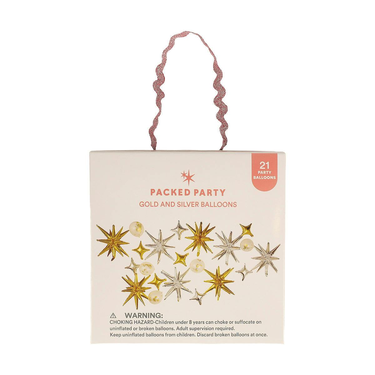 Packed Party Sparkle and Shine Gold Silver Confetti Mylar Balloon Set 21ct - Spark-Shaped and Confetti-Filled Balloons with Glue Dots and Strings Included