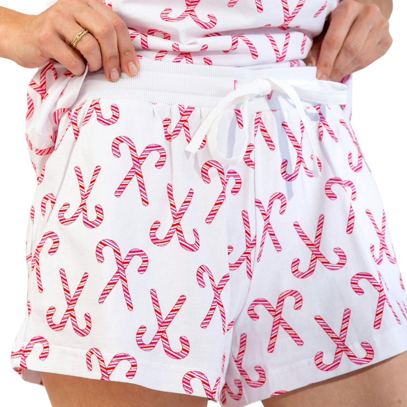 Women's Candy Cane Short PJ Set - Red White Organic Stretch Jersey Knit Cotton