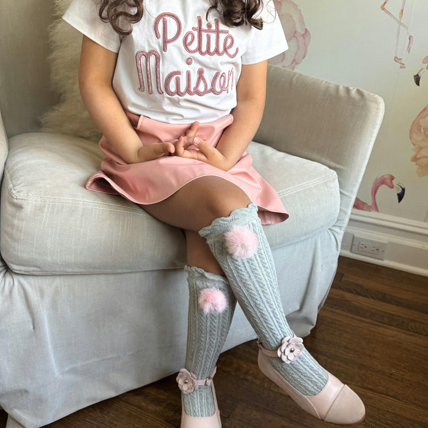 Grey Knee High Socks with Poms