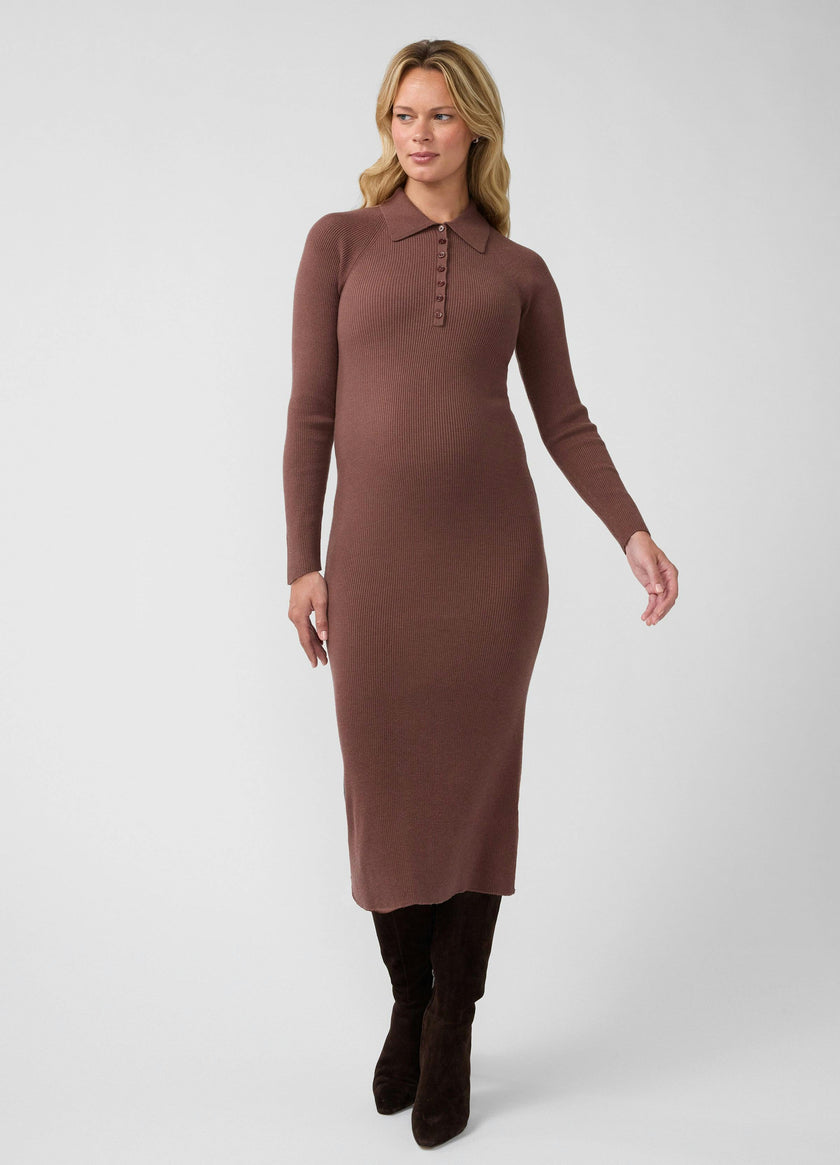 Ribbed Polo Maternity Nursing Midi Dress