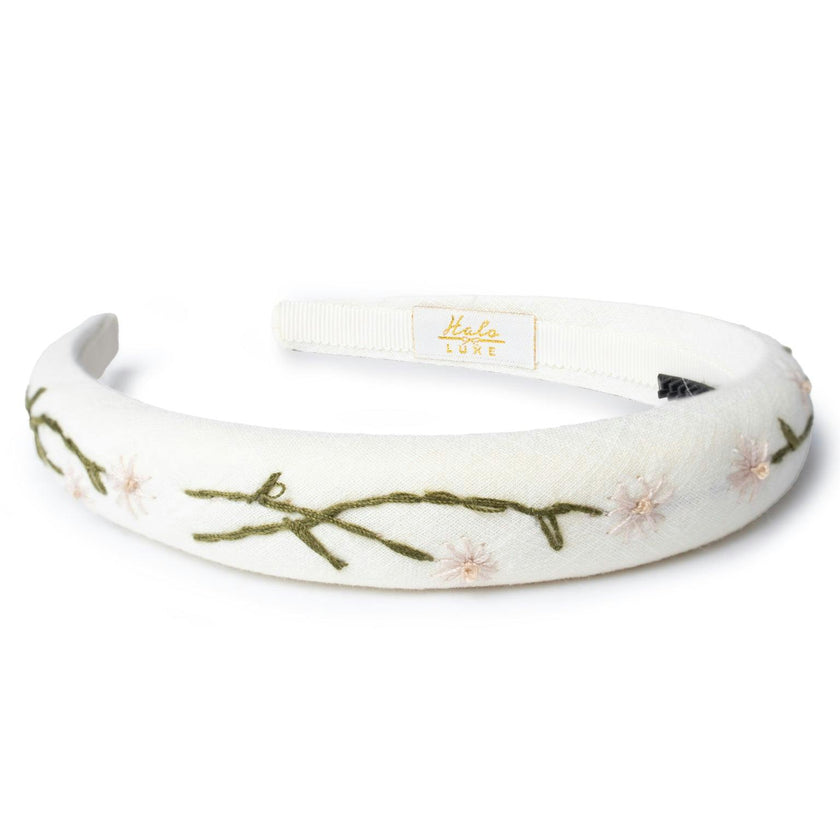 Halo Luxe Felicity Summer Soiree Linen Floral Embroidered Headband - Ivory / Beige
