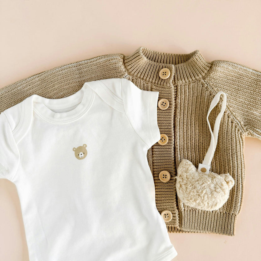 Cotton Cardigan Onesie Pacifier Clip Gift Set - Bear