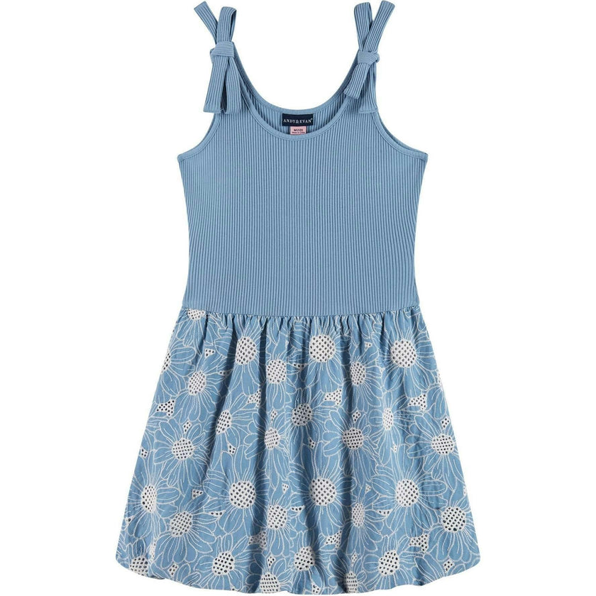 Tween Girls Rib Knit Bow Shoulder Dess | Floral Eyelet