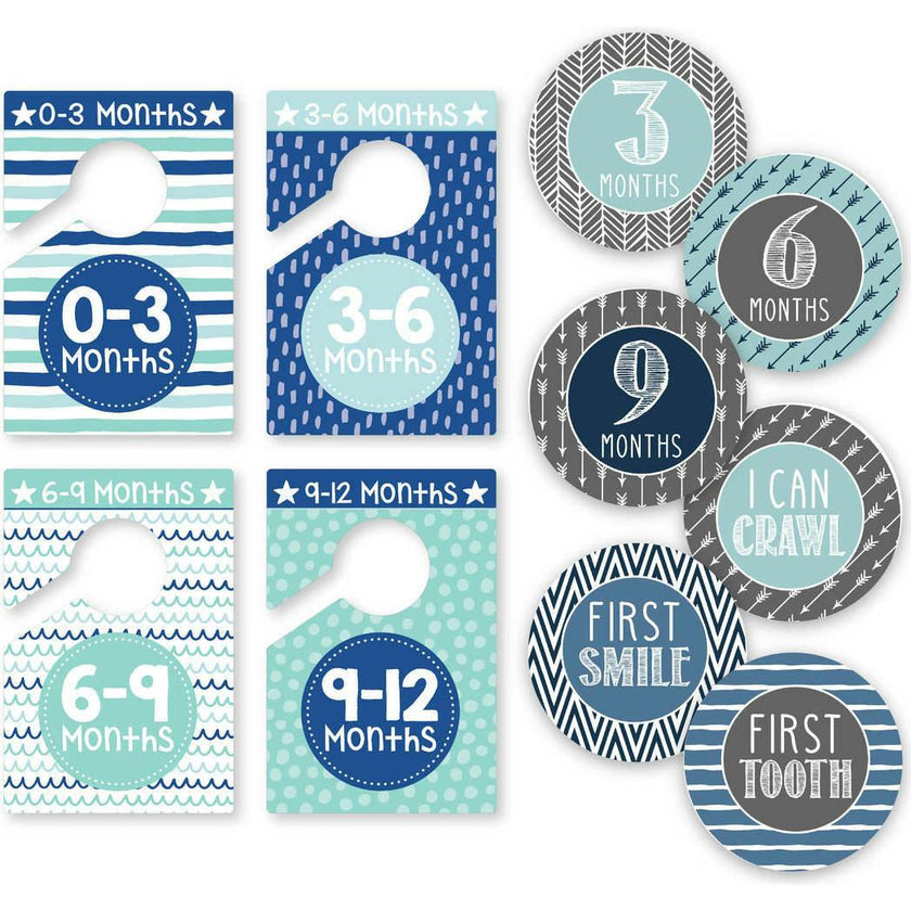 6-Piece Ocean Blue Baby Closet Dividers & 16-Piece Baby Milestone Stickers Baby Shower Gift
