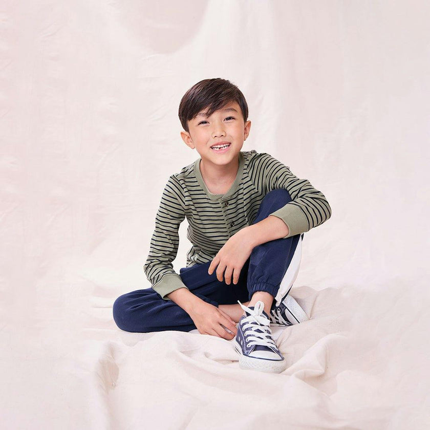 Scout Long Sleeve Henley T-Shirt, Olive Green Mini Stripe
