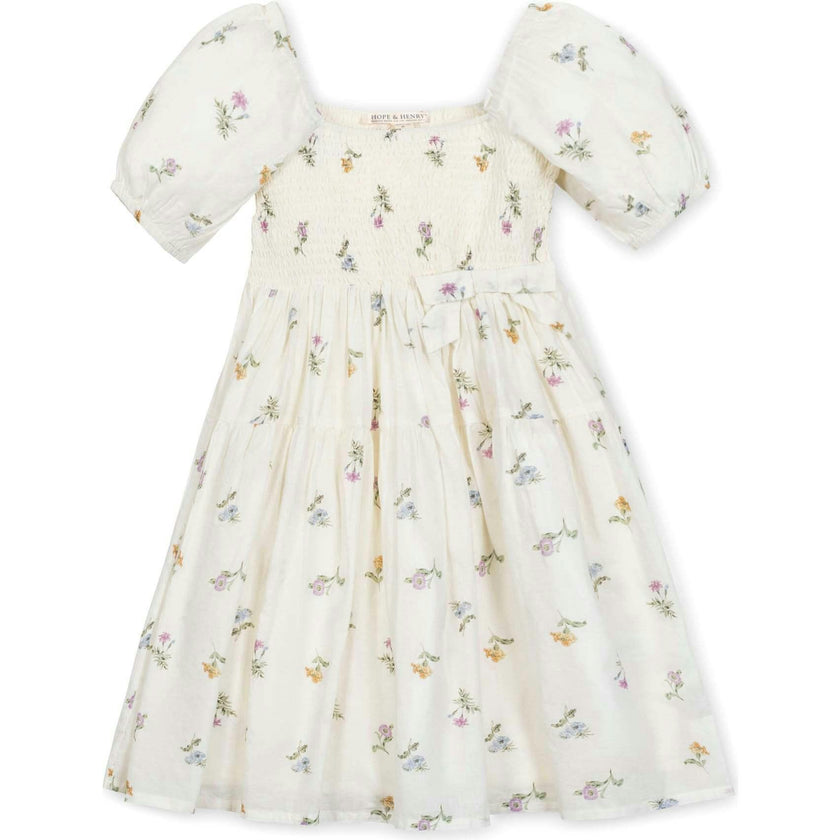 Organic Bubble Sleeve Smocked Dress, White