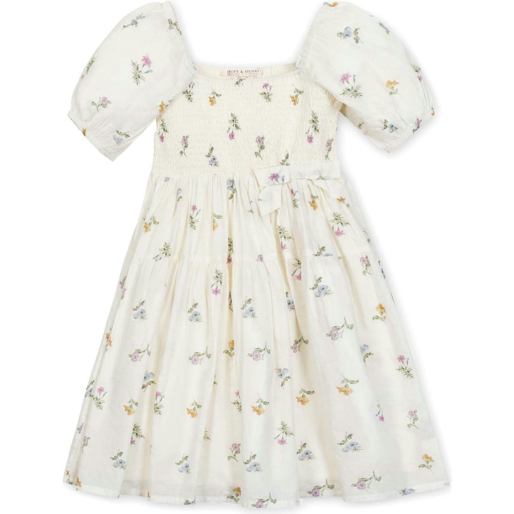 Organic Bubble Sleeve Smocked Dress, White