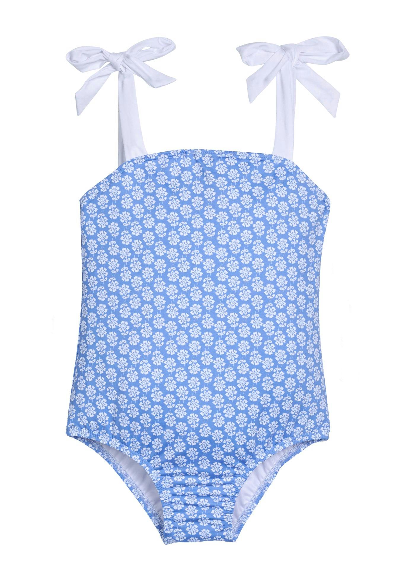 One Piece Bow Strap Swimsuit - Periwinkle Block Print