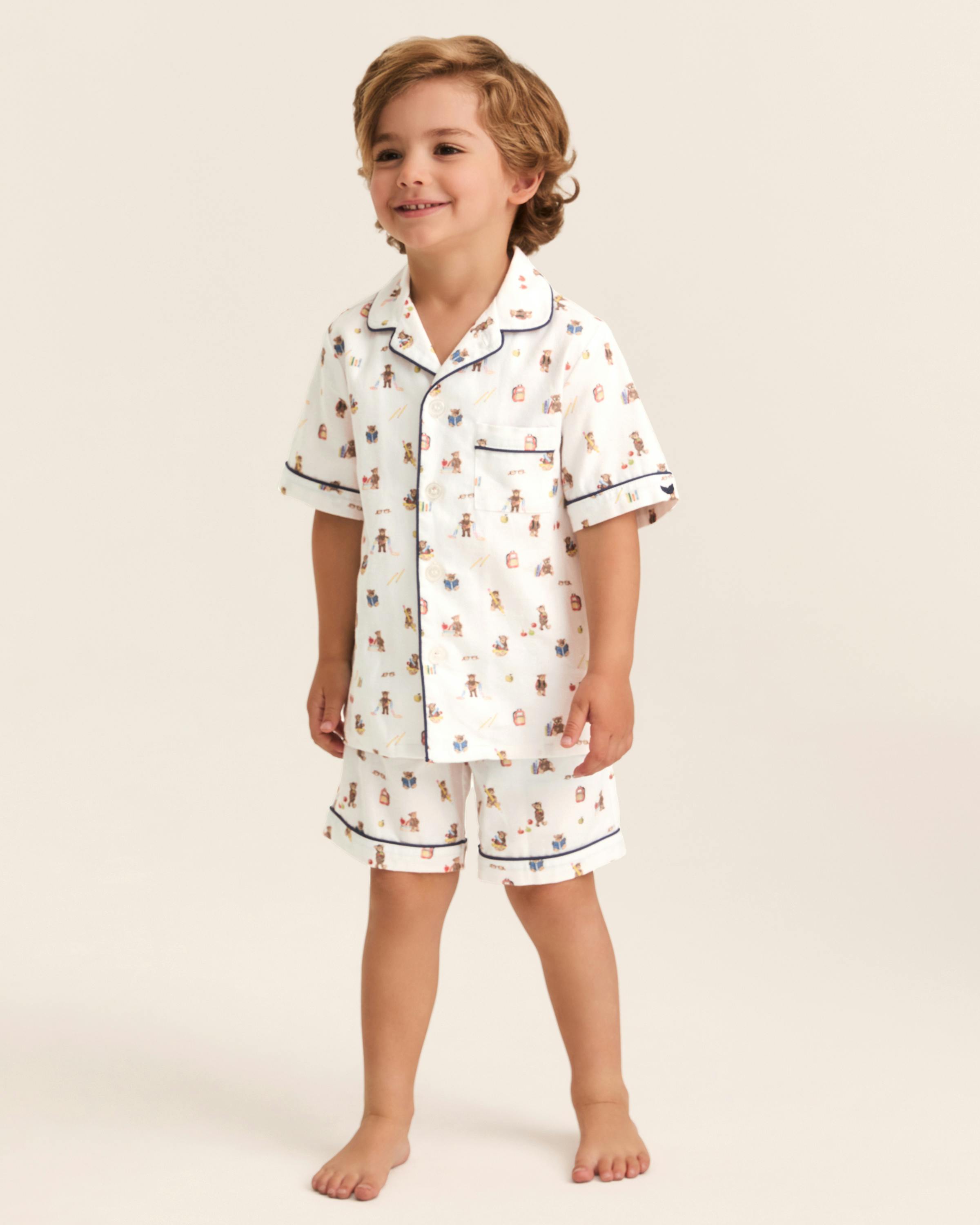 Kid's Twill Pajama Short Set in Teddy Goes To School