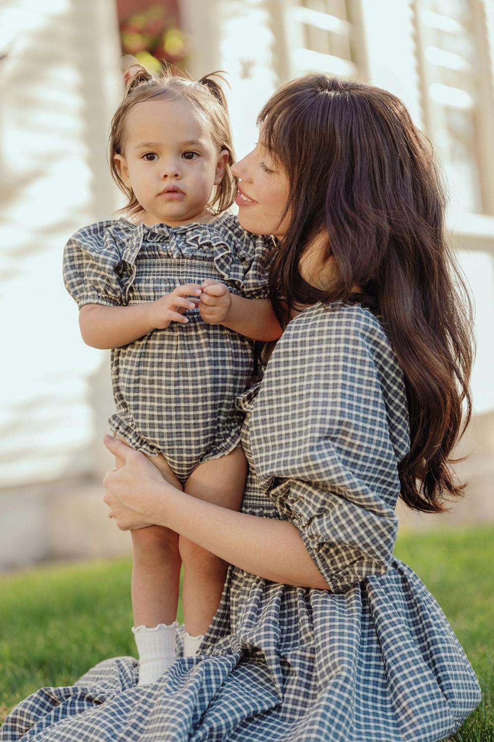 Baby Mae 3/4 Sleeves Romper in Prussian Blue Plaid