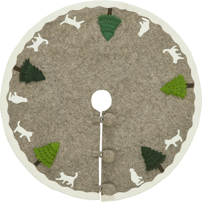 Handmade Felted Cats and Green Trees Grey Christmas Tree Skirt 36",