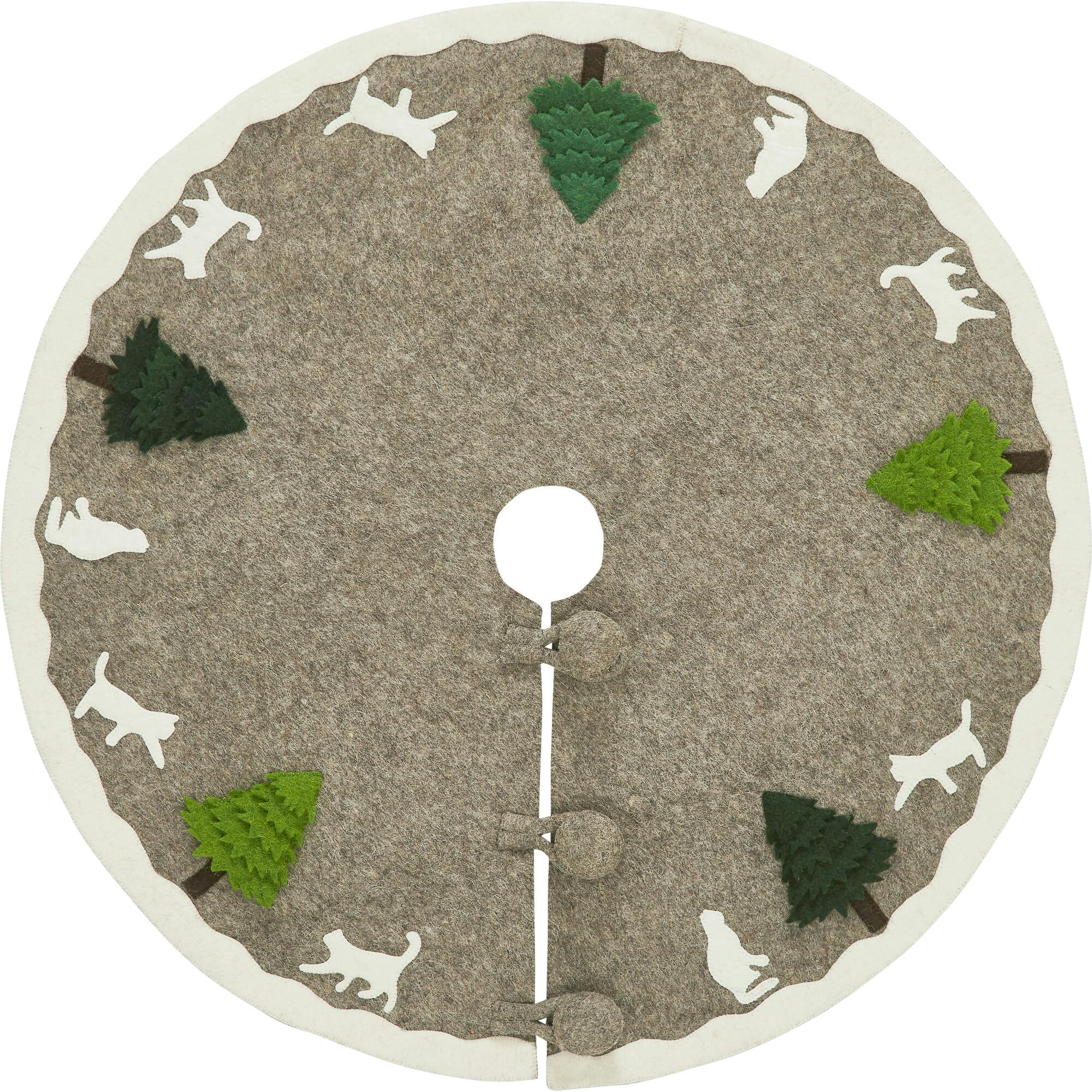 Handmade Felted Cats and Green Trees Grey Christmas Tree Skirt 36