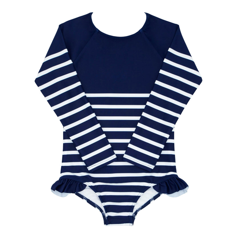 Breton Stripe Grosgrain Ribbon Back Tie One-Piece Rashguard