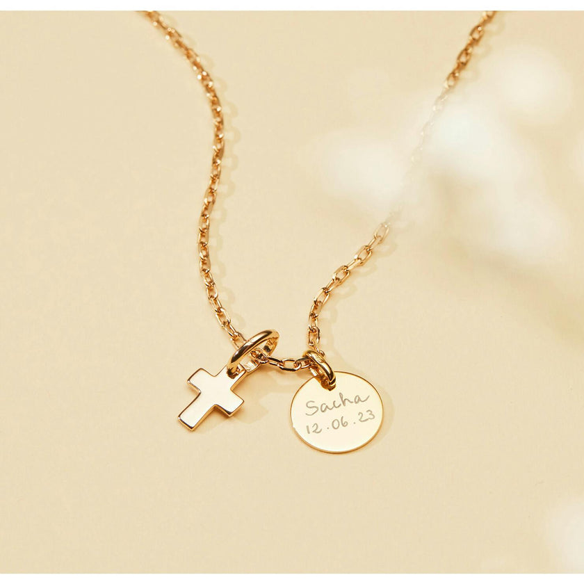 Personalized Mini Cross Necklace, 14k Gold Plated