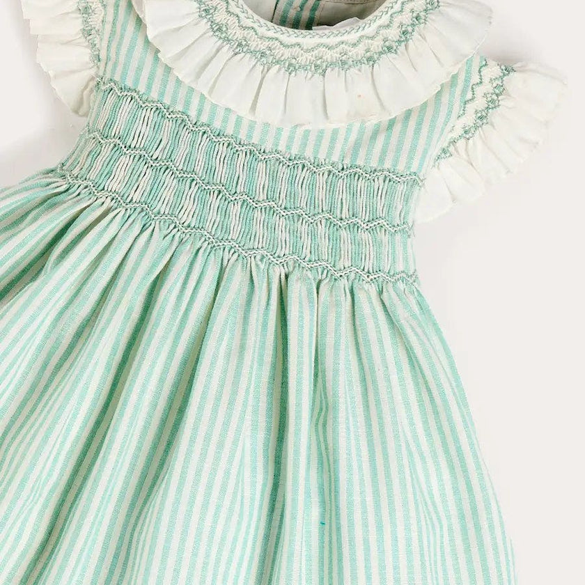 Wimbledon Stripe Hand Smocked Frill Collar Cap Sleeve Dress in Green (12mths- 10yrs)