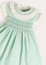 Wimbledon Stripe Hand Smocked Frill Collar Cap Sleeve Dress in Green (12mths- 10yrs)