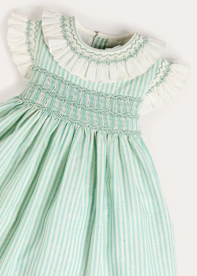 Wimbledon Stripe Hand Smocked Frill Collar Cap Sleeve Dress in Green (12mths- 10yrs)