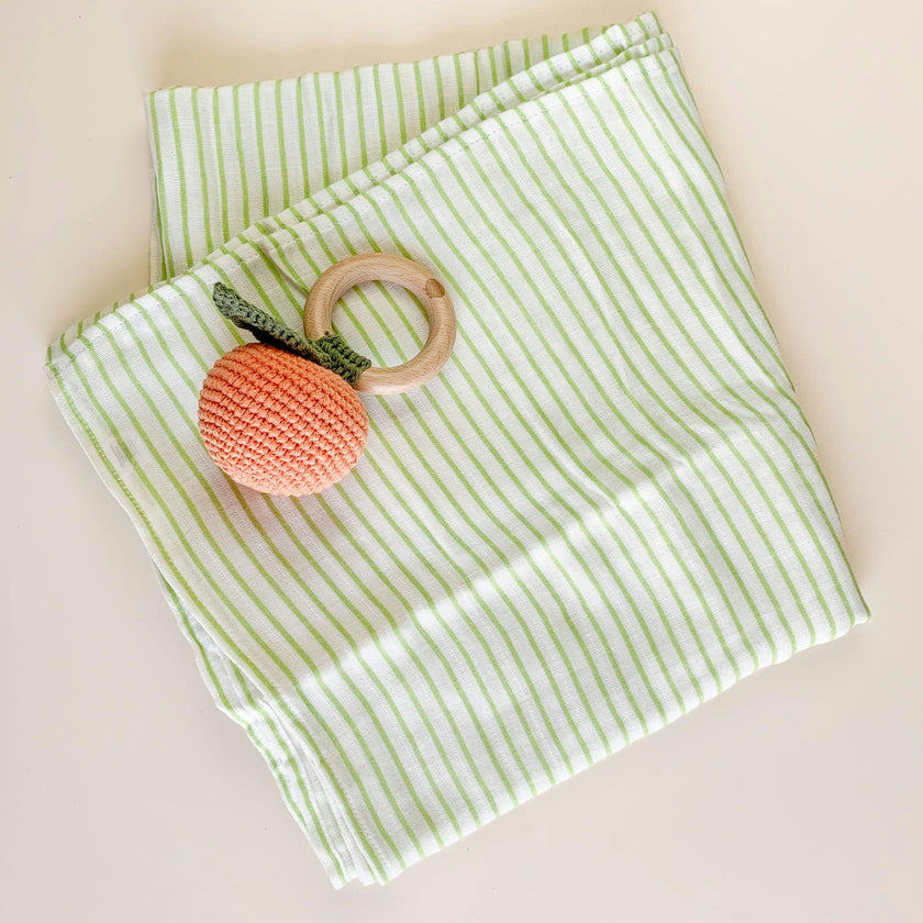 Green Stripe Swaddle and Teether Set, Orange