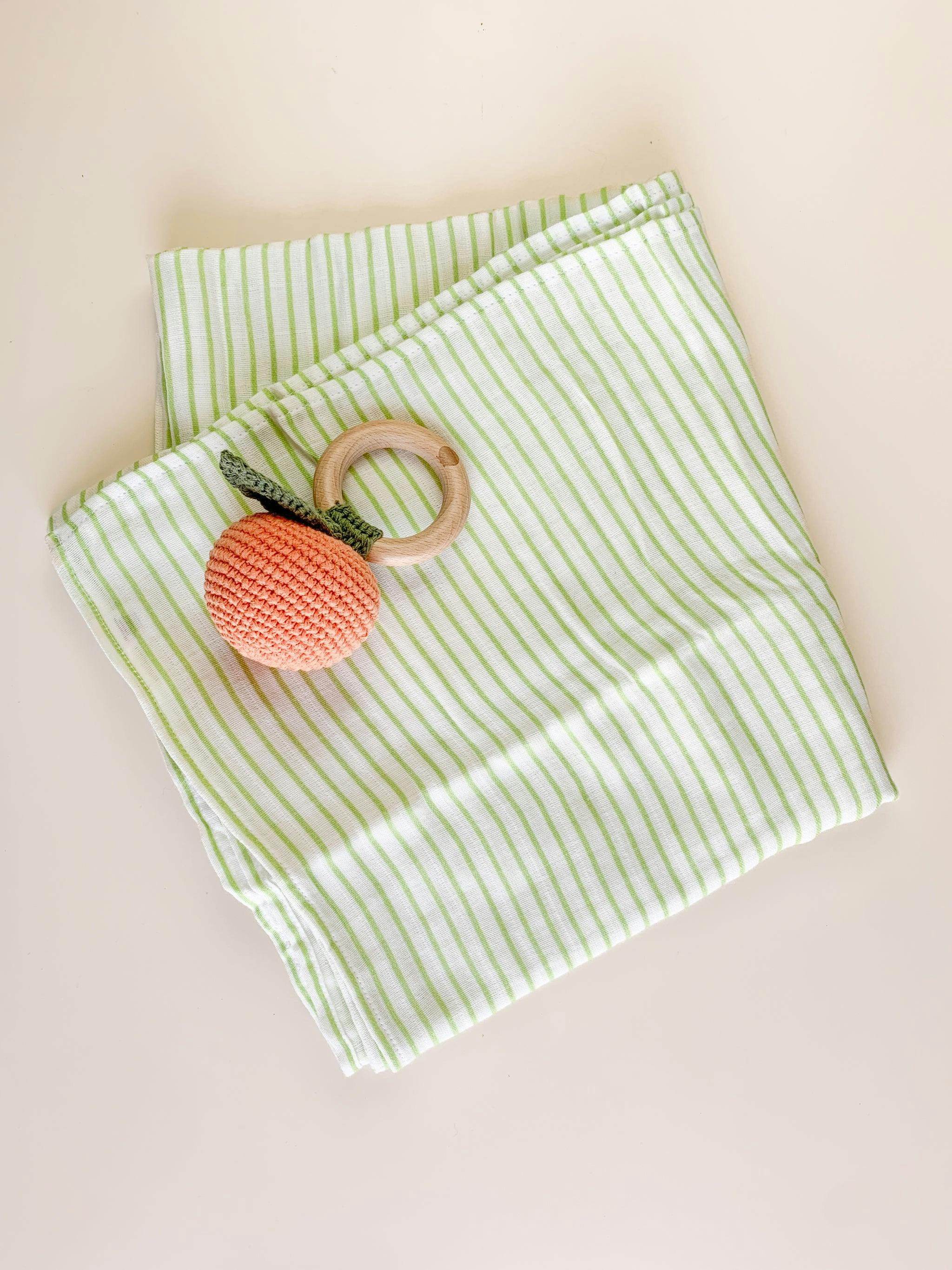 Green Stripe Swaddle and Teether Set, Orange