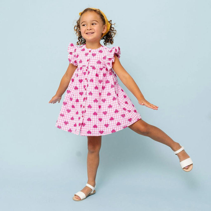 Pink Gingham Hearts Embroidery Girls Sunday Dress