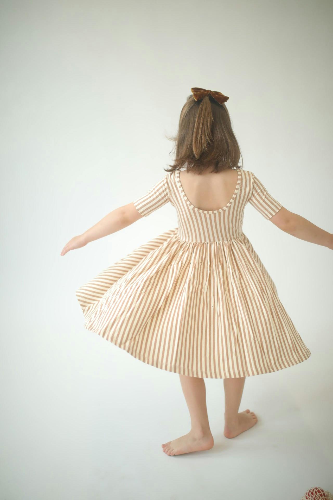 Short Sleeve Twirl Dress in Toffee Stripes