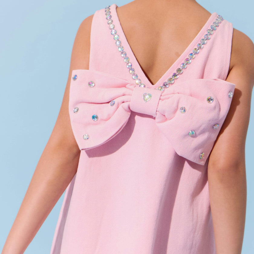 Pink Crystal Heart Denim Bow Dress