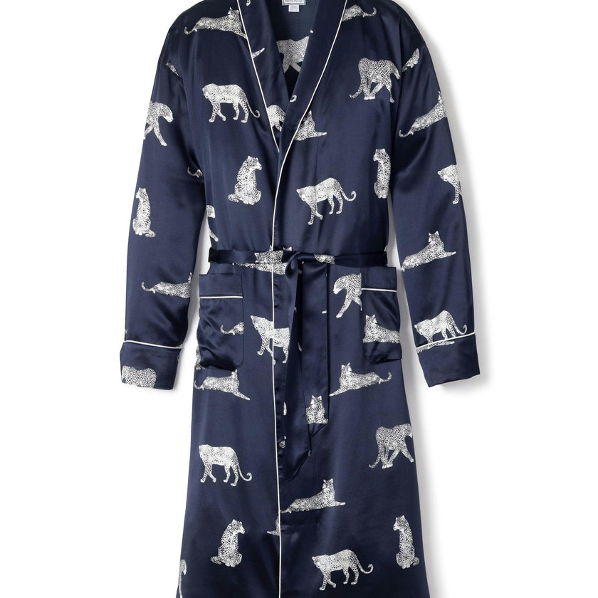 Men's Silk Long Robe in Panthère de Nuit